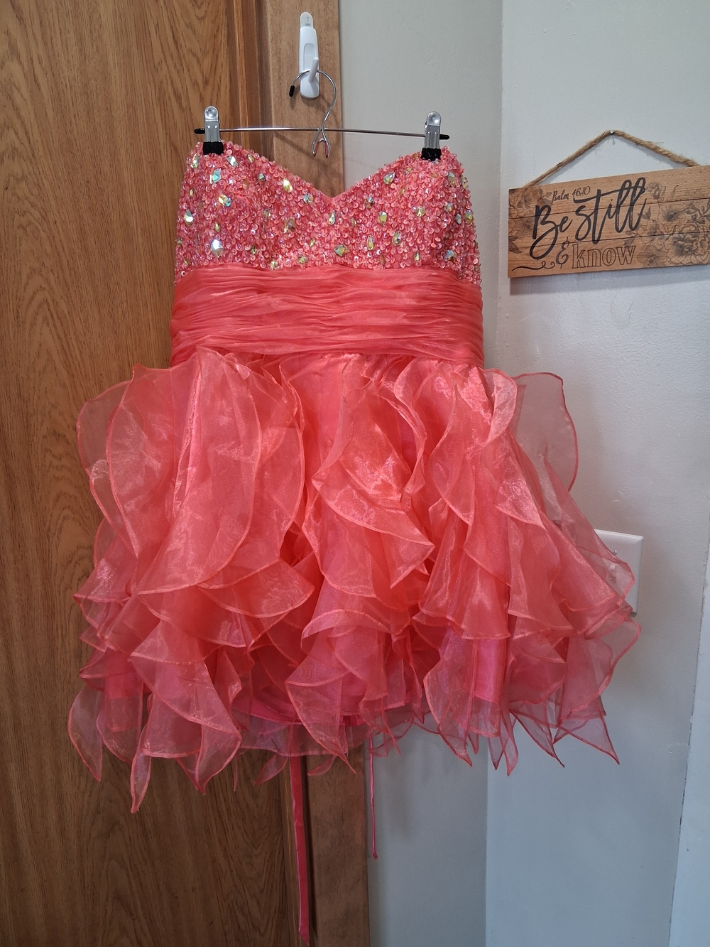 May Queen Coral Strapless Sequin Ruffle Prom Dress